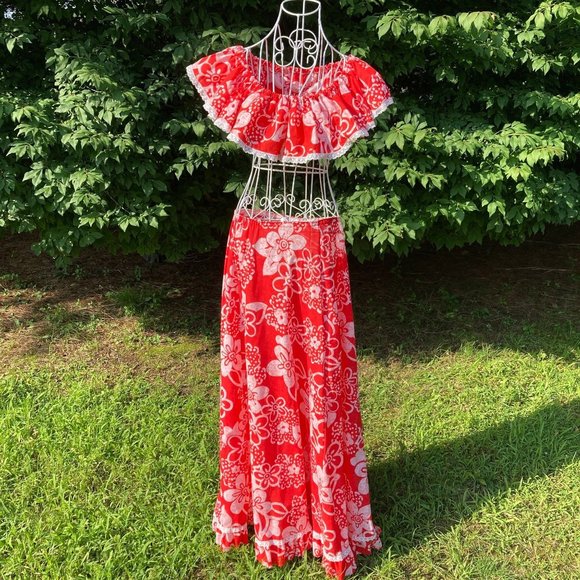 70s maxi skirt crop top |S - M| red white Hawaiian hibiscus flower print 1970s - Picture 1 of 7